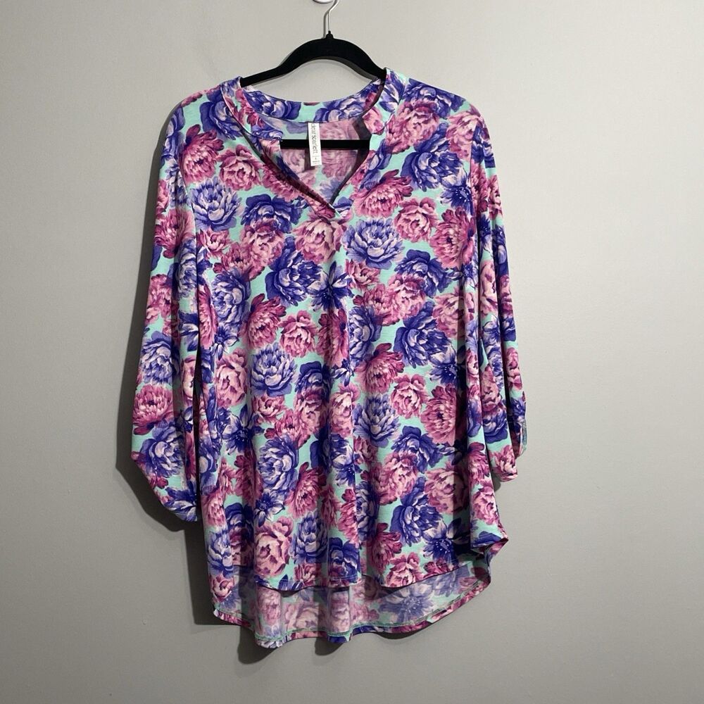 Dear Scarlett Women's Liz Top L Floral Roll Tab Sleeve Casual Easy Wear